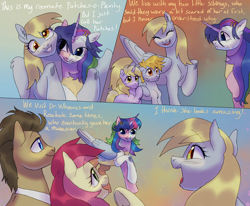Size: 1700x1400 | Tagged: safe, artist:abbytabbys, oc, oc:patches-o-plenty, series:forever together au, alicorn, alternate universe, appleflaritwidashpie, blushing, brother and sister, colt, comic, crackle pop, derpy hooves, dinky hooves, doctor whooves, earth pony, eye clipping through hair, eyebrows, eyebrows visible through hair, female, filly, foal, fusion, fusion:applejack, fusion:fluttershy, fusion:pinkie pie, fusion:rainbow dash, fusion:rarity, fusion:twilight sparkle, g4, horn, hug, hug from behind, imported from derpibooru, looking at each other, looking at someone, male, mare, open mouth, open smile, patches-o-plenty is amused, pegasus, pony, roseluck, siblings, sisters, smiling, smiling at each other, stallion, sweat, time turner, unicorn
