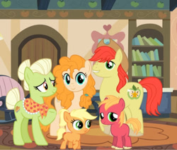 Size: 633x539 | Tagged: safe, artist:marianaart03, applejack, big macintosh, blank flank, bright mac, colt, colt big macintosh, earth pony, family, female, filly, foal, g4, granny smith, imported from derpibooru, indoors, looking at you, male, mare, pear butter, pony, ponytail, ship:brightbutter, shipping, smiling, smiling at you, stallion, straight, young granny smith, younger