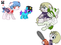 Size: 2048x1536 | Tagged: safe, artist:kleptomori, fanfic:cupcakes, aoshiru, bandage, bat pony, chainsaw, clothed ponies, clothes, colt, cupcakes hd, earth pony, foal, gakuran-kun, horn, imported from derpibooru, male, oni musume, parody, pegasus, ponified, pony, self upload, simple background, transparent background, unicorn, urotsuki, yume 2kki