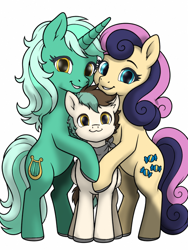 Size: 1086x1448 | Tagged: safe, artist:zack studios, oc, oc:bright rally, bon bon, colt, earth pony, female, foal, g4, horn, imported from derpibooru, lesbian, lyra heartstrings, magical lesbian spawn, male, mother and child, mother and son, offspring, parent:bon bon, parent:lyra heartstrings, parents:lyrabon, pony, ship:lyrabon, shipping, simple background, sweetie drops, trio, unicorn