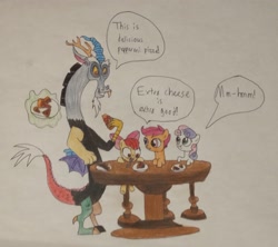 Size: 2642x2345 | Tagged: safe, artist:aa68., apple bloom, scootaloo, sweetie belle, cutie mark crusaders, discord, draconequus, drool, earth pony, eating, female, filly, foal, food, g4, horn, imported from derpibooru, meat, open mouth, pegasus, pizza, ponies eating meat, pony, smiling, speech bubble, traditional art, unicorn