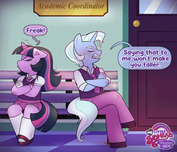 Size: 2247x1936 | Tagged: safe, artist:xconito, twilight sparkle, anthro, clothes, colt trixie, cross-popping veins, dead source, dialogue, duo, emanata, female, filly, foal, g4, horn, horn ring, imported from derpibooru, magic suppression, my little sombra: resistance is magic, necktie, plantigrade anthro, pre-transition, ring, school, school uniform, scratches, sitting, skirt, source needed, speech bubble, trans trixie, transgender, transphobia, trixie, unicorn, unicorn twilight, uniform, useless source url
