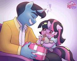 Size: 2560x2048 | Tagged: safe, artist:xconito, twilight sparkle, anthro, cutie mark on cheek, duo, father and child, father and daughter, father's day 2026, female, filly, filly twilight sparkle, floating heart, foal, g4, heart, horn, implied death, implied spike, imported from derpibooru, looking at each other, looking at someone, male, my little sombra: resistance is magic, night light, plushie, present, smarty pants, smiling, smiling at each other, teary eyes, unicorn, unicorn twilight, younger