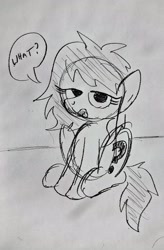 Size: 2006x3055 | Tagged: safe, artist:dhm, oc, oc:filly anon, annoyed, ask, female, filly, foal, imported from derpibooru, looking at you, monochrome, pencil drawing, pony, sitting, sketch, solo, speech bubble, talking, traditional art, wat
