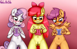 Size: 2046x1291 | Tagged: explicit, artist:anibaruthecat, apple bloom, scootaloo, sweetie belle, anthro, banned from derpibooru, blue underwear, breasts, clothes, cutie mark crusaders, delicious flat chest, female, females only, flatie belle, flattle bloom, imported from twibooru, lolicon, nipples, nudity, panties, pink underwear, red underwear, scootaflat, underage, underass, underwear, vaginal secretion stain, vaginal secretions, vulva, wet panties