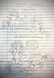 Size: 2629x3781 | Tagged: safe, artist:dhm, oc, oc:filly anon, abstract background, comforting, comic, feels, female, filly, foal, funny, imported from derpibooru, lined paper, monochrome, pony, sketch, speech bubble, sympathy, talking, text, therapy, trauma, traumatized