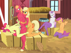 Size: 1481x1111 | Tagged: explicit, artist:el-doc, apple bloom, applejack, scootaloo, sweetie belle, age difference, anthro, applecest, applemac, applemacbloom, banned from derpibooru, big mcintosh, big mcintosh gets all the mares, breasts, clothes, crossed legs, cum, cutie mark crusaders, delicious flat chest, female, group sex, harem, imported from twibooru, incest, lolicon, macbloom, male, masturbation, nudity, penetration, pregnant, pubic hair, scootamac, sex, shipping, stallion on filly, stockings, straight, sweetiemac, teenager, thigh highs, threesome, underage, unguligrade anthro, vaginal, vaginal secretions, voyeur, voyeurism, watching, young