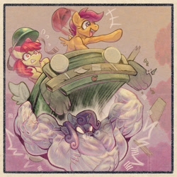 Size: 1920x1920 | Tagged: safe, artist:d.angelo, apple bloom, scootaloo, sweetie belle, angry, army helmet, beret, cloud, cutie mark crusaders, earth pony, emanata, female, filly, foal, g4, glowing, glowing eyes, half body, hat, helmet, holding, hoof hold, horn, imported from derpibooru, muscles, muscular female, nervous, open mouth, open smile, pegasus, plewds, pony, semi-anthro, size difference, sky background, small wings, smiling, snorting, sweat, sweatdrop, sweetie barbell, trio, trio female, unicorn, vein, vein bulge, wings