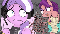 Size: 3840x2160 | Tagged: safe, artist:zekn_pony, diamond tiara, angry, bill, caught, clothes, comic, door, duo, duo female, earth pony, eat sleep rave repeat, female, filly, foal, fortnite, g4, gamer tiara, headphones, imported from derpibooru, jewelry, mare, mother and child, mother and daughter, necklace, nervous sweat, pinpoint eyes, pony, shirt, shrunken pupils, spoiled rich, sweat, t-shirt, this will end in grounding, this will end in tears, this will end in tears and/or grounding, tiara, v-bucks, watch