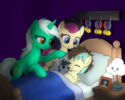 Size: 1401x1123 | Tagged: safe, artist:zack studios, oc, oc:bright rally, alternate universe, bed, bon bon, child, colt, desk lamp, earth pony, female, foal, g4, horn, imported from derpibooru, indoors, lamp, lesbian, lyra heartstrings, magical lesbian spawn, male, medal, mother and child, mother and son, offspring, parent:bon bon, parent:lyra heartstrings, parents:lyrabon, pegasus, picture frame, pillow, pony, ship:lyrabon, shipping, sweetie drops, trio, unicorn