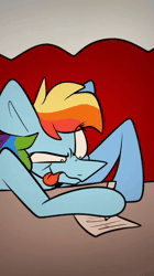 Size: 720x1280 | Tagged: suggestive, artist:crookedbeetles, apple bloom, applejack, rainbow dash, animated, apple bloom's bow, applejack's hat, bow, cowboy hat, earth pony, eyebrows, eyebrows visible through hair, female, filly, foal, g4, hair bow, hat, implied sex, imported from derpibooru, mare, pegasus, pencil, pony, restaurant, sound, trio, webm, writing