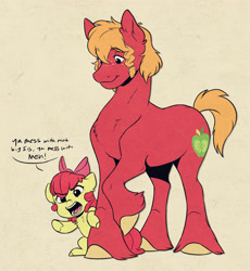 Size: 3414x3711 | Tagged: safe, artist:chub-wub, apple bloom, alternate hairstyle, apple bloom's bow, big macintosh, bow, duo, earth pony, eyebrows, eyebrows visible through hair, female, filly, foal, g4, hair bow, imported from derpibooru, mare, orchard blossom, pony, protecting, siblings, sisters, trans big macintosh, trans female, transgender