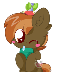 Size: 2824x3528 | Tagged: safe, artist:kittyrosie, button mash, 2018, blushing, buttonbetes, colt, cute, drink, earth pony, foal, g4, hat, heart, heart eyes, imported from derpibooru, juice, juice box, looking at you, male, old art, one eye closed, pony, propeller hat, simple background, solo, transparent background, watermark, wingding eyes, wink, winking at you