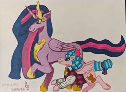 Size: 3850x2800 | Tagged: safe, artist:atrianas, twilight sparkle, alicorn, clothes, cozy glow, crown, duo, duo female, female, filly, foal, g4, hoof shoes, imported from derpibooru, jewelry, older, older twilight, older twilight sparkle (alicorn), pegasus, peytral, princess shoes, princess twilight 2.0, regalia, simple background, traditional art