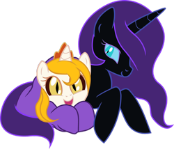 Size: 1280x1095 | Tagged: safe, artist:canon-lb, artist:jessy, editor:taionafan369, oc, oc:hemera, oc:nyx, series:the chronicles of nyx, alicorn, alicorn oc, blanket, duo, duo female, eyes closed, female, female oc, filly, filly oc, foal, hidden wings, horn, imported from derpibooru, jewelry, lying down, mare oc, not dyx, not nightmare moon, oc focus, oc only, older, older nyx, part of a series, part of a set, pony, prone, recolor, set:sisterly love, sibling love, siblings, simple background, sisterly love, sisters, spread wings, story included, tiara, transparent background, wings
