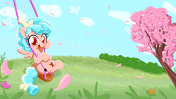 Size: 3840x2160 | Tagged: safe, artist:violavaquita, bush, cherry blossoms, cloud, cozy glow, cozybetes, cute, female, filly, flower, flower blossom, foal, g4, grass, imported from derpibooru, looking at you, open mouth, pegasus, petals, pony, sitting, solo, swing, tree, wallpaper, wind