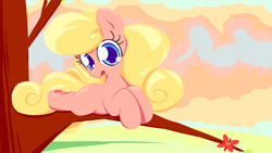 Size: 3840x2160 | Tagged: safe, artist:violavaquita, oc, oc:swelly swirl, cloud, colorful, cute, earth pony, female, filly, flower, foal, happy, heart, hoof heart, imported from derpibooru, in a tree, leaf, looking at you, lying down, oc only, open mouth, pony, solo, swirly eyes, tree, tree branch, underhoof, wallpaper