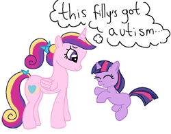 Size: 768x600 | Tagged: safe, artist:graphitesnap, twilight sparkle, alicorn, autism, duo, female, filly, filly twilight sparkle, foal, g4, horn, imported from derpibooru, pony, princess cadance, teen princess cadance, thought bubble, unicorn, younger