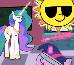 Size: 4000x3500 | Tagged: safe, artist:ltsolo, princess celestia, twilight sparkle, alicorn, baseball bat, blindfold, cute, duo, duo female, eyes closed, female, filly, foal, fun, g4, horn, imported from derpibooru, levitation, magic, open mouth, open smile, piñata, pony, raising the sun, school, smiling, sun, telekinesis, unicorn