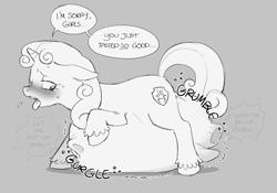 Size: 1483x1036 | Tagged: questionable, artist:cadmiumblu, sweetie belle, anus, belly, belly bumps, belly on floor, big belly, bloomprey, blushing, commission, dialogue, eww, female, filly, filly pred, filly prey, foal, g4, gray background, grayscale, horn, huge belly, implied apple bloom, implied scootaloo, imported from derpibooru, impossibly large belly, monochrome, onomatopoeia, open mouth, pony, preybloom, scootaprey, side anus, simple background, solo, solo female, speech bubble, stomach noise, sweat, sweetiepred, text, tongue out, unicorn, unshorn fetlocks, unwilling prey, vore, why, wtf