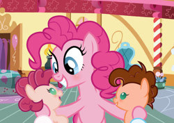 Size: 749x530 | Tagged: safe, artist:liya04, pinkie pie, oc, oc:chocolate cherry pie, oc:sugar party, baby, baby pony, colt, earth pony, female, filly, foal, g4, imported from derpibooru, indoors, male, mare, mother and child, mother and daughter, mother and son, offspring, parent:cheese sandwich, parent:pinkie pie, parents:cheesepie, pony, siblings, twins