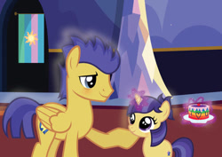 Size: 749x530 | Tagged: safe, artist:liya04, oc, oc:galaxy star, father and child, father and daughter, female, filly, flash sentry, foal, g4, horn, imported from derpibooru, indoors, male, offspring, parent:flash sentry, parent:twilight sparkle, parents:flashlight, pony, stallion, unicorn