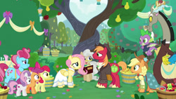 Size: 1280x720 | Tagged: safe, artist:marianaart03, apple bloom, applejack, fluttershy, scootaloo, spike, sweetie belle, apple, apple tree, applejack also dresses in style, applejack's country dress, big macintosh, bolo tie, bowtie, character swap, clothes, cowboy hat, cup cake, cutie mark crusaders, discord, draconequus, dragon, dress, earth pony, engagement ring, female, filly, foal, formal wear, g4, gown, hat, horn, imported from derpibooru, intertwined trees, jewelry, looking at each other, looking at someone, male, mare, marriage, mayor mare, my little pony: friendship is magic, outdoors, pear tree, pegasus, pony, ring, ship:fluttermac, shipping, smiling, smiling at each other, stallion, straight, the big mac question, tree, unicorn, wedding, wedding dress, winged spike, wings