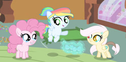 Size: 750x371 | Tagged: safe, artist:xxroyalstarsentryxx, oc, oc:candy pie, oc:dazzle shy, oc:rainboom star, earth pony, female, filly, foal, hybrid, imported from derpibooru, indoors, interspecies offspring, offspring, parent:cheese sandwich, parent:discord, parent:fluttershy, parent:pinkie pie, parent:rainbow dash, parent:soarin', parents:cheesepie, parents:discoshy, parents:soarindash, pegasus, pony
