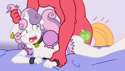 Size: 1200x688 | Tagged: explicit, grimdark, artist:eccentricpone, artist:ryuseihikari, sweetie belle, anthro, banned from derpibooru, big mcintosh, bondage, chain, clothes, collar, cum, cum in mouth, ear tag, hair pulling, imported from twibooru, lolicon, rape, sex, shackles, torn clothes, underage