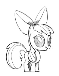 Size: 542x693 | Tagged: safe, artist:mellodillo, apple bloom, adorabloom, black and white, cute, earth pony, female, filly, foal, g4, grayscale, imported from derpibooru, looking at you, monochrome, pony, simple background, smiling, smiling at you, solo, white background