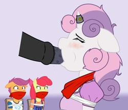 Size: 1200x1038 | Tagged: explicit, grimdark, artist:eccentricpone, artist:ryuseihikari, apple bloom, scootaloo, sweetie belle, anthro, banned from derpibooru, big mcintosh, blowjob, blushing, bondage, cutie mark crusaders, gag, horn, horn ring, imported from twibooru, lolicon, nudity, oral, penis, rape, ring, sex, tied up, underage