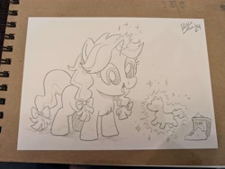 Size: 4080x3072 | Tagged: safe, artist:mellodillo, oc, oc:crafty circles, bow, clay, female, filly, foal, glowing, glowing horn, hair bow, high res, horn, imported from derpibooru, levitation, magic, oc only, open mouth, open smile, pencil drawing, pigtails, pony, smiling, solo, tail, tail bow, telekinesis, traditional art, unicorn