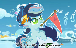Size: 750x481 | Tagged: safe, artist:annobell, oc, oc:rushing storm, cloud, cloud hoops, cloudsdale, colored pupils, duo, duo male and female, father and child, father and daughter, female, filly, foal, g4, imported from derpibooru, male, mouth hold, offspring, outdoors, outline, parent:rainbow dash, parent:soarin', parents:soarindash, pegasus, pony, road, soarin', stallion, white outline