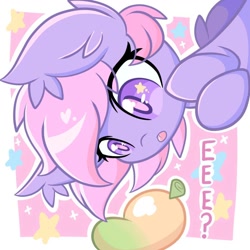 Size: 1100x1100 | Tagged: safe, artist:starlightlore, oc, bat pony, cute, ear fluff, ear tufts, eeee, eye clipping through hair, female, filly, foal, food, imported from derpibooru, looking at something, mango, oc only, open mouth, pink mane, pony, solo, starry eyes, that pony sure does love mangoes, wingding eyes