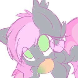 Size: 894x894 | Tagged: safe, artist:starlightlore, oc, oc:heartbeat, bat pony, cute, cute little fangs, ear tufts, fangs, female, filly, foal, food, green eyes, herbivore, imported from derpibooru, looking at you, mango, oc only, pink mane, pony, simple background, solo, that pony sure does love mangoes, white background
