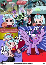 Size: 2480x3508 | Tagged: safe, artist:nicolai, queen chrysalis, twilight sparkle, comic:golden roast rehab project, alicorn, angry, cape, centaur, changeling, clothes, cmc cape, comic, cozy glow, cross-popping veins, emanata, evil smile, female, filly, foal, frenemies (episode), g4, horn, imported from derpibooru, laughing, lord tirek, mare, my little pony: friendship is magic, open mouth, open smile, pegasus, screaming, smiling, startled, taur, underhoof, unshorn fetlocks, wings