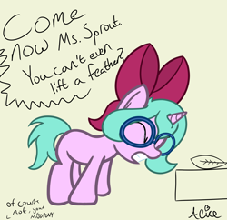Size: 2929x2841 | Tagged: safe, artist:pinkiepieislove, oc, oc:pumpkinsprout, bow, concentrating, crying, female, filly, foal, glasses, hair bow, horn, imported from derpibooru, oc only, pony, speech bubble, text, unicorn, unicorn oc