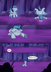 Size: 1240x1754 | Tagged: safe, artist:maxi_ponie, oc, oc:valour spearhead, comic:choose your destiny, colt, comic, dialogue, faceplant, flying, foal, forest, g5, imported from derpibooru, lying down, male, nature, oc only, offspring, outdoors, parent:hitch trailblazer, parent:zipp storm, parents:stormblazer, pegasus, pony, prone, solo, speech bubble, tree