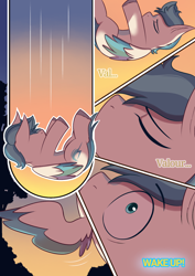 Size: 1240x1754 | Tagged: safe, artist:maxi_ponie, oc, oc:valour spearhead, comic:choose your destiny, colt, comic, falling, foal, imported from derpibooru, male, oc only, offspring, outdoors, parent:hitch trailblazer, parent:zipp storm, parents:stormblazer, pegasus, pony, solo, spread wings, unconscious, waking up, wings