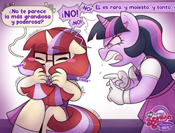Size: 2418x1836 | Tagged: safe, artist:xconito, twilight sparkle, alternate universe, alternate version, anthro, blush sticker, blushing, clothes, cross-popping veins, crush, dialogue, duo, duo female, emanata, eyebrows, eyebrows visible through hair, female, filly, floppy ears, foal, g4, glasses, gloves, high res, horn, horn ring, implied shipping, implied transgender, implied trickdancer, implied trixie, imported from derpibooru, intentional misgendering, jewelry, misgendering, moondancer, my little sombra: resistance is magic, ring, spanish, speech bubble, transphobia, unicorn, unicorn twilight, younger