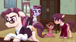 Size: 1920x1080 | Tagged: safe, artist:limedazzle, oc, oc:allen, oc:daniel, oc:katherine, oc:madelyn, clothes, colt, earth pony, female, filly, foal, glasses, imported from derpibooru, indoors, male, mare, oc only, pony, quadrupedal, stallion