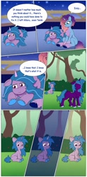 Size: 881x1784 | Tagged: safe, artist:tsumury, comic:sister wings, balcony, chest fluff, comic, crying, dialogue, duo focus, female, filly, filly izzy moonbow, foal, forest, g5, implied allura, implied twitch, imported from derpibooru, izzy moonbow, lying down, misty brightdawn, my little pony: tell your tale, nature, night, night sky, outdoors, pony, prone, rebirth misty, sad, sitting, sky, speech bubble, tail, teary eyes, translation, tree, younger