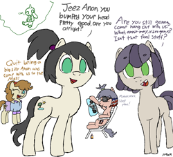 Size: 2000x1813 | Tagged: safe, artist:notawriteranon, oc, oc:dot matrix, oc:floor bored, oc:goldie mops, oc:taku, beach chair, beanbrows, chair, cigarette, clothes, earth pony, eyebrows, eyebrows visible through hair, female, filly, foal, implied anon, imported from derpibooru, lipstick, no catchlights, no pupils, oc only, out of character, pony, ponytail, role reversal, shirt, simple background, source needed, talking to viewer, tooth gap, white background