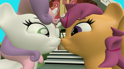 Size: 1920x1080 | Tagged: safe, artist:background_pon3, scootaloo, sweetie belle, 3d, duo, ears, eyebrows, eyelashes, female, filly, foal, g4, grass, green eyes, horn, house, imported from derpibooru, lesbian, nuzzling, outdoors, path, pegasus, pillar, pink mane, pony, ponyville, ponyville schoolhouse, pose, purple eyes, purple mane, render, roof, rooftop, shadow, ship:scootabelle, shipping, sky, source filmmaker, stairs, unicorn