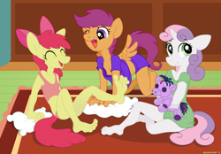 Size: 1436x1000 | Tagged: suggestive, artist:brainsister, apple bloom, scootaloo, sweetie belle, anthro, banned from derpibooru, barefoot, breasts, clothes, cutie mark crusaders, feet, female, fetish, foot fetish, imported from twibooru, lolicon, nudity, pillow, plantigrade anthro, plushie, see-through, underage