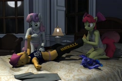 Size: 3000x2000 | Tagged: suggestive, artist:tahublade7, apple bloom, scootaloo, sweetie belle, 3d, anthro, banned from derpibooru, barefoot, clothes, cutie mark crusaders, feet, imported from twibooru, lolicon, panties, plushie, sleepover, tickle torture, tickling, underage, underwear