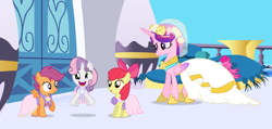 Size: 1280x610 | Tagged: safe, artist:white-chrystal, apple bloom, scootaloo, sweetie belle, alicorn, bride, canterlot, clothes, concave belly, cutie mark crusaders, dress, earth pony, female, filly, flower filly, foal, g4, height difference, horn, imported from derpibooru, mare, outdoors, pegasus, physique difference, pony, princess cadance, slender, thin, twilight's canterlot home, unicorn