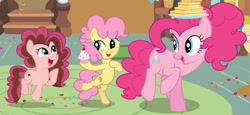 Size: 750x344 | Tagged: safe, artist:white-chrystal, pinkie pie, oc, oc:sweet pie, earth pony, female, filly, foal, g4, imported from derpibooru, indoors, li'l cheese, mare, offspring, parent:cheese sandwich, parent:pinkie pie, parents:cheesepie, pony
