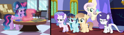 Size: 1280x365 | Tagged: safe, artist:white-chrystal, twilight sparkle, oc, oc:apple candy, oc:fire ruby, oc:harmony, oc:speed cloud, oc:white chrystal, alicorn, dracony, earth pony, female, filly, foal, g4, horn, hybrid, imported from derpibooru, indoors, interspecies offspring, mare, offspring, parent:applejack, parent:caramel, parent:discord, parent:fluttershy, parent:rainbow dash, parent:rarity, parent:soarin', parent:spike, parents:carajack, parents:discoshy, parents:soarindash, parents:sparity, pegasus, pony, unicorn