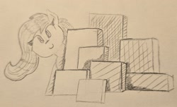 Size: 2596x1574 | Tagged: safe, artist:otl crafts, oc, oc:filly anon, box, cardboard box, earth pony, female, filly, foal, imported from derpibooru, looking at you, oc only, pony, simple background, smiling, smiling at you, solo, traditional art